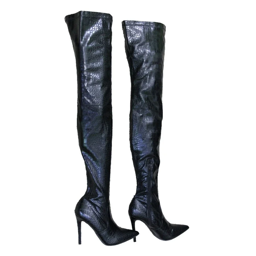 Black Thigh High Alligator Print Stiletto Heel Boots Women's Over the Knee Sz 7